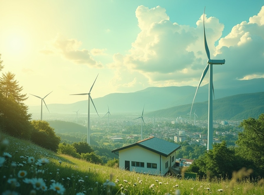 TOP-Lokalversorger-Österreich Illustration erneuerbarer Energien – Windräder und Natur als Symbolbild für Energiewende und Nachhaltigkeit